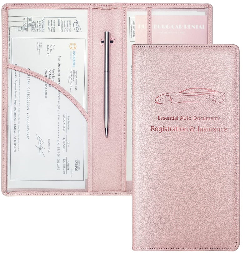 Yarnic Car Registration and Insurance Holder  Pu Leather Car Registration and Insurance Card Holder Car Document Holder for Cards  Essential Document  Driver License (Pink) - Image 1
